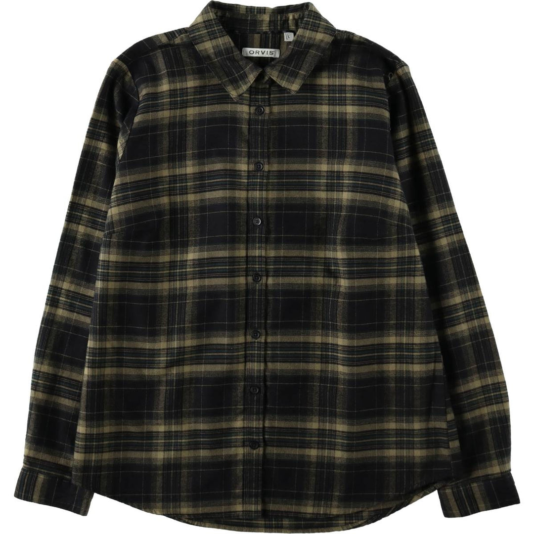 Orvis Long-Sleeve Flannel Check Shirt, Women's Size L (approx.) cotton Khaki type beige Vintage Second Hand