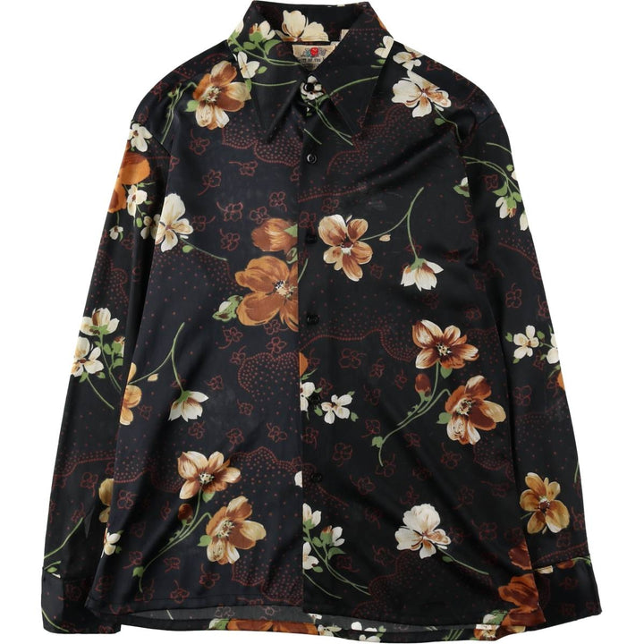 70'S Fruit of the Loom GOLDEN HARVEST Collection Floral Print Long-Sleeve Nylon Shirt, Boxy Shirt, Women's Size L (approx.) Nylon black type Vintage Second Hand