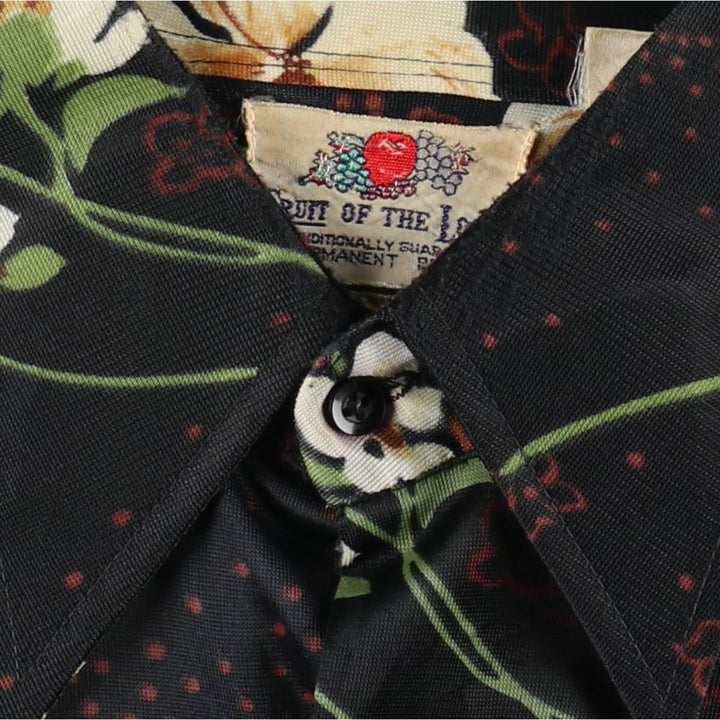 70'S Fruit of the Loom GOLDEN HARVEST Collection Floral Print Long-Sleeve Nylon Shirt, Boxy Shirt, Women's Size L (approx.) Nylon black type Vintage Second Hand