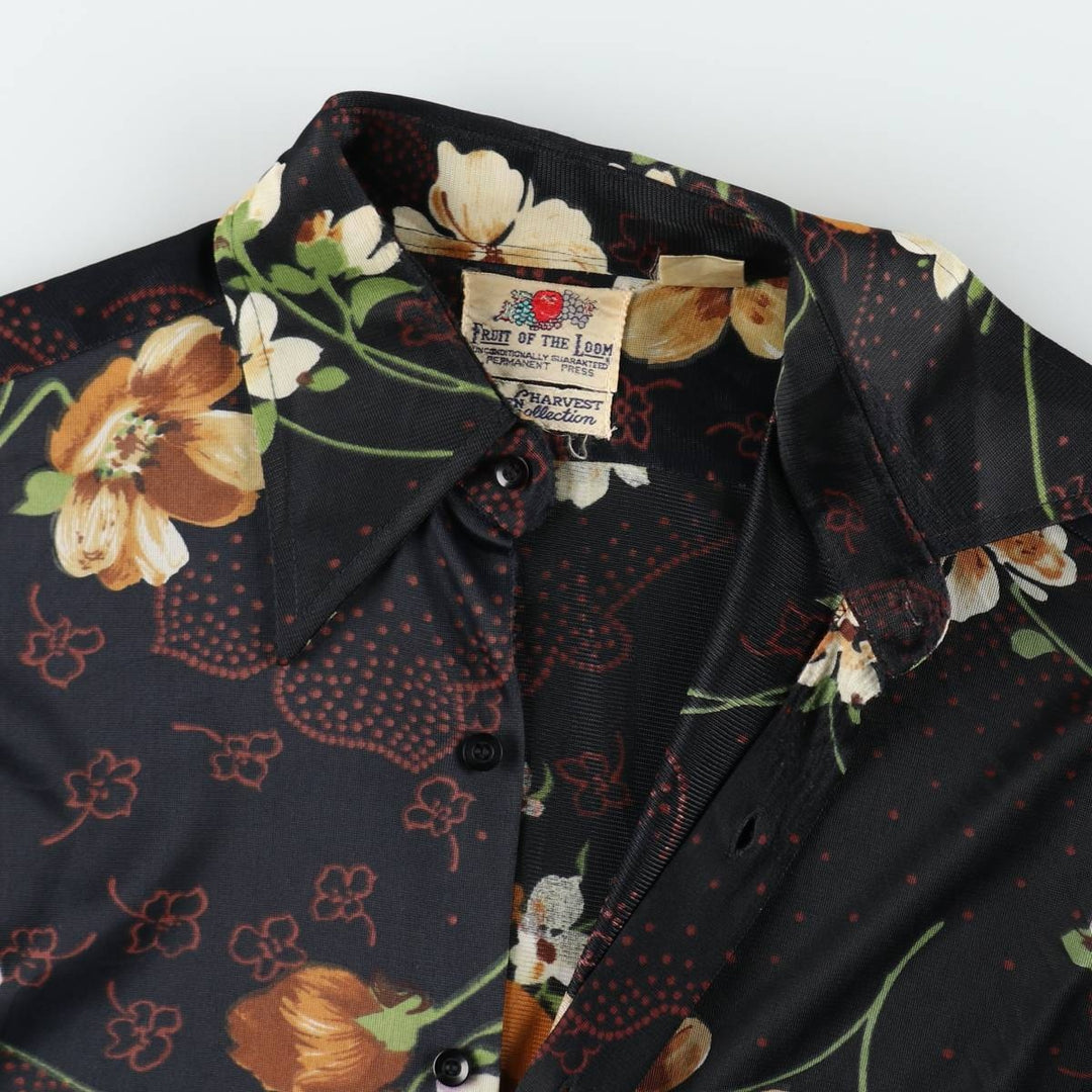 70'S Fruit of the Loom GOLDEN HARVEST Collection Floral Print Long-Sleeve Nylon Shirt, Boxy Shirt, Women's Size L (approx.) Nylon black type Vintage Second Hand
