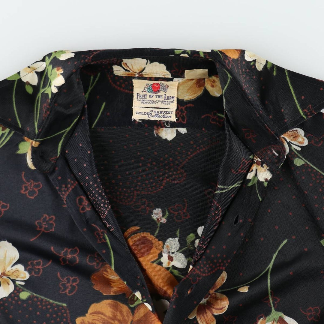 70'S Fruit of the Loom GOLDEN HARVEST Collection Floral Print Long-Sleeve Nylon Shirt, Boxy Shirt, Women's Size L (approx.) Nylon black type Vintage Second Hand
