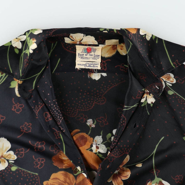 70'S Fruit of the Loom GOLDEN HARVEST Collection Floral Print Long-Sleeve Nylon Shirt, Boxy Shirt, Women's Size L (approx.) Nylon black type Vintage Second Hand