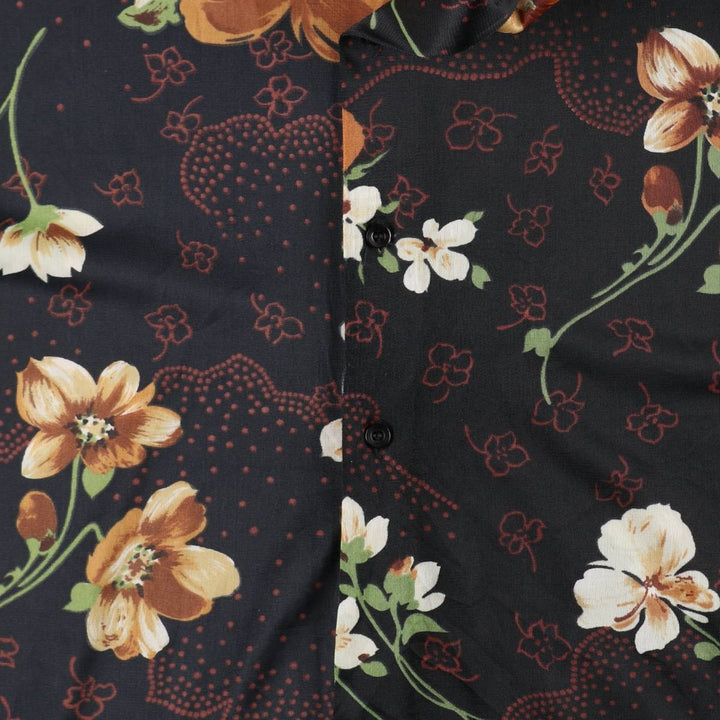 70'S Fruit of the Loom GOLDEN HARVEST Collection Floral Print Long-Sleeve Nylon Shirt, Boxy Shirt, Women's Size L (approx.) Nylon black type Vintage Second Hand