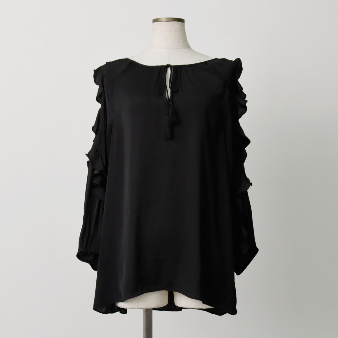 SUSSAN Open Shoulder Frill Keyhole Neck Long Sleeve Pullover Blouse (Women's Size L) polyester black type Vintage Second Hand