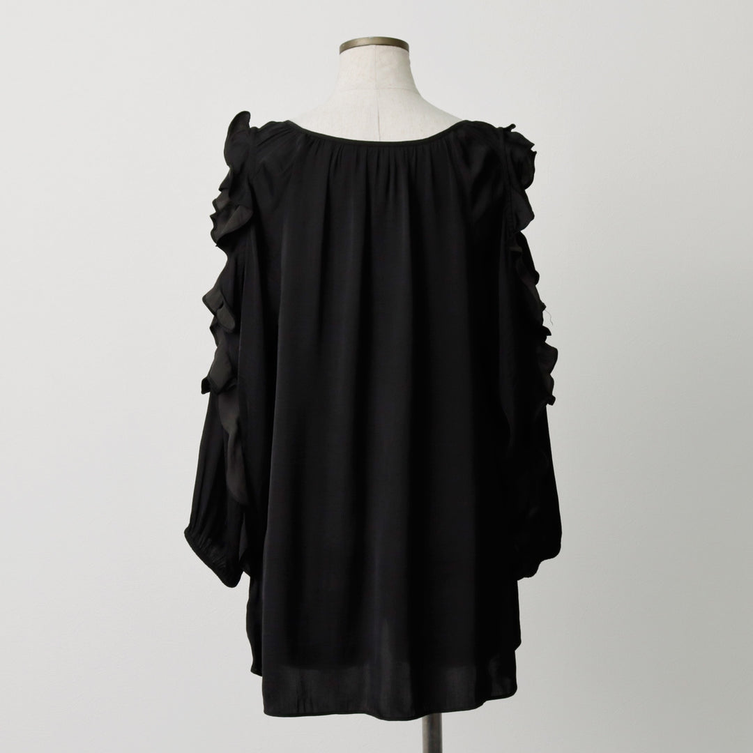 SUSSAN Open Shoulder Frill Keyhole Neck Long Sleeve Pullover Blouse (Women's Size L) polyester black type Vintage Second Hand