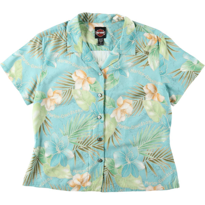 Harley-Davidson Botanical Pattern Motorcycle Short-Sleeve Open Collar Aloha Shirt, Boxy Shirt, Women's Size L (approx.) Viscose Blue type light blue Vintage Second Hand