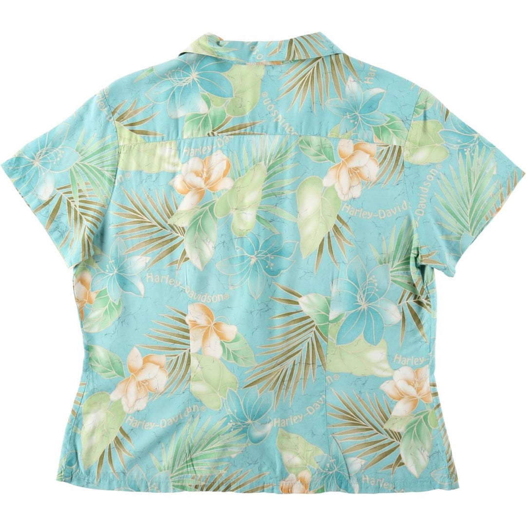 Harley-Davidson Botanical Pattern Motorcycle Short-Sleeve Open Collar Aloha Shirt, Boxy Shirt, Women's Size L (approx.) Viscose Blue type light blue Vintage Second Hand