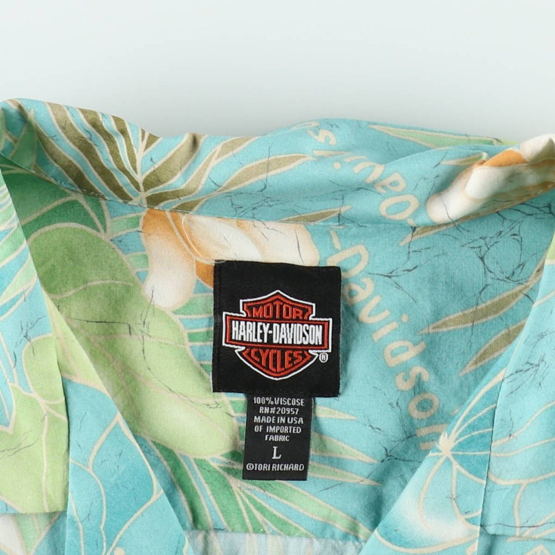 Harley-Davidson Botanical Pattern Motorcycle Short-Sleeve Open Collar Aloha Shirt, Boxy Shirt, Women's Size L (approx.) Viscose Blue type light blue Vintage Second Hand