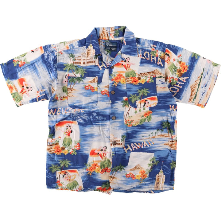 Ralph Lauren POLO by Ralph Lauren all-over print open-collar Hawaiian Aloha shirt, boxy style, women's size S (approx.) Viscose blue type Vintage Second Hand