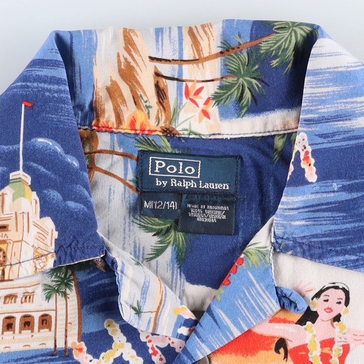 Ralph Lauren POLO by Ralph Lauren all-over print open-collar Hawaiian Aloha shirt, boxy style, women's size S (approx.) Viscose blue type Vintage Second Hand