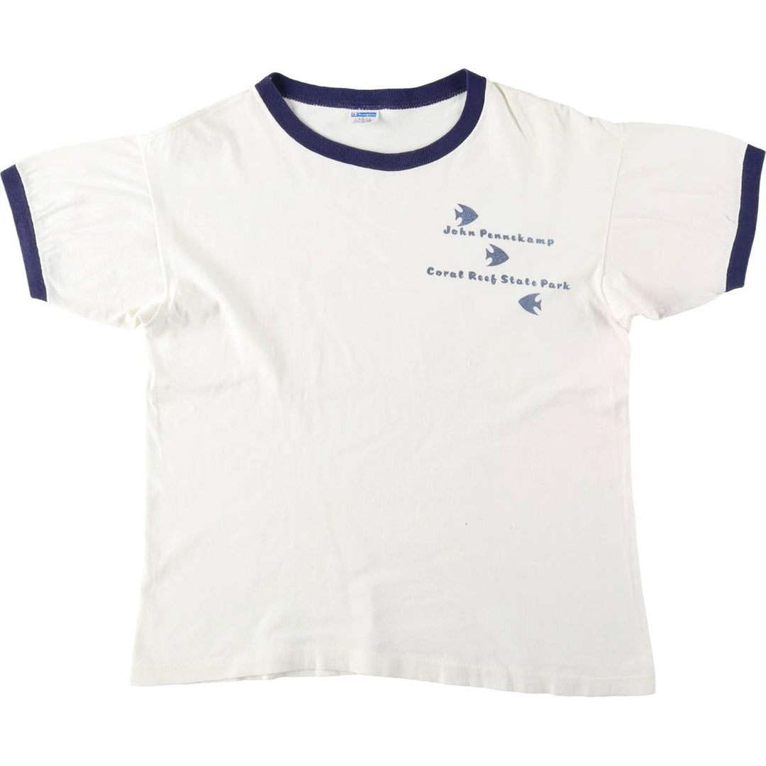 70'S Champion Bar Tag Ringer T-Shirt, Made in USA, Women's Size L (Equivalent), Vintage cotton white type Vintage Second Hand