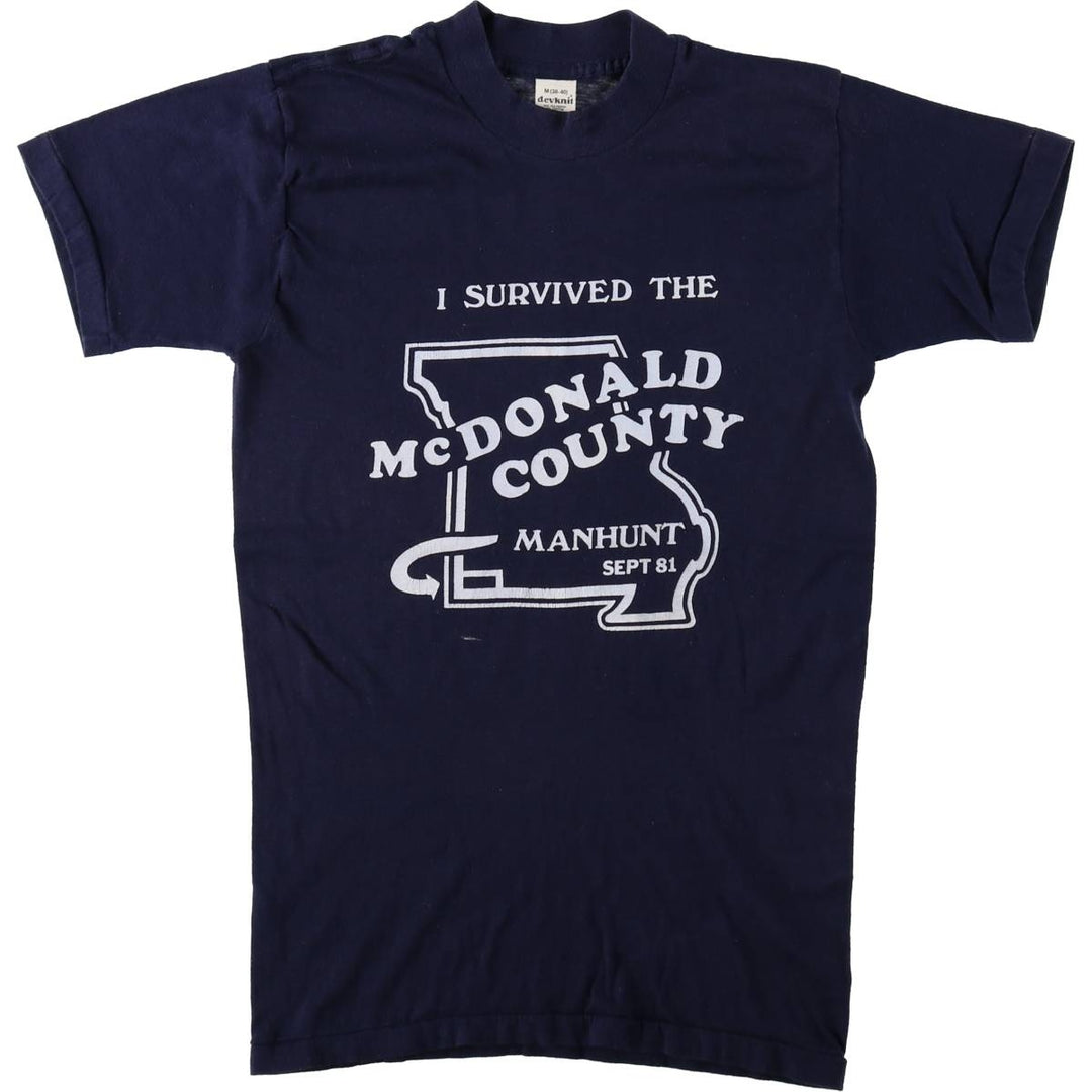 80'S Devknit printed t-shirt, men's size M equivalent, vintage. polyester navy blue type Vintage Second Hand