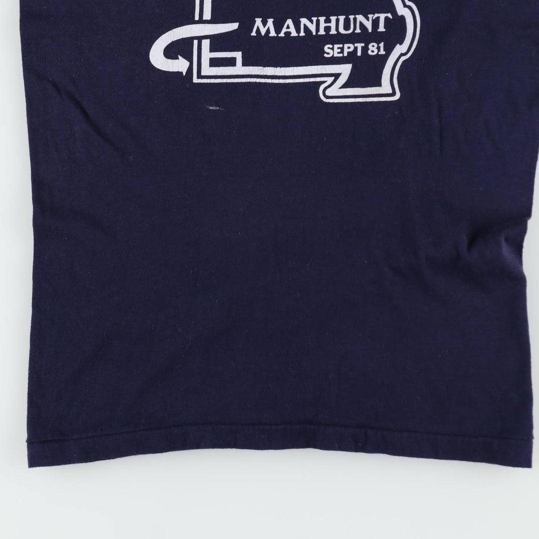 80'S Devknit printed t-shirt, men's size M equivalent, vintage. polyester navy blue type Vintage Second Hand