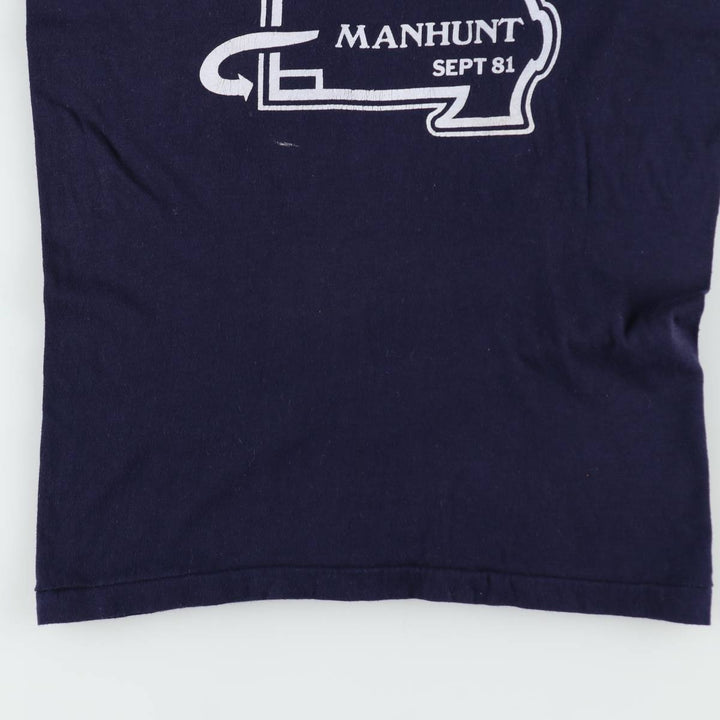 80'S Devknit printed t-shirt, men's size M equivalent, vintage. polyester navy blue type Vintage Second Hand