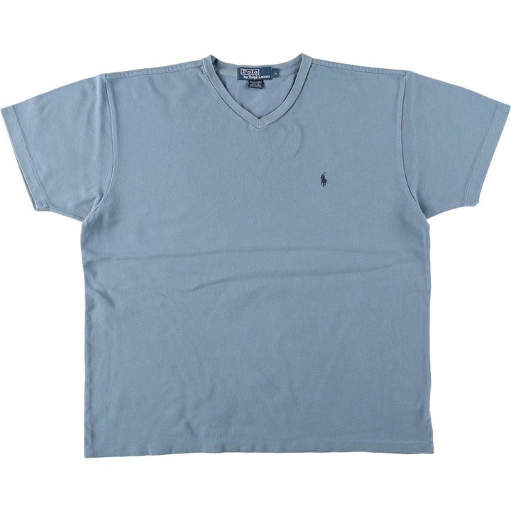Ralph Lauren POLO by Ralph Lauren pique V-neck short-sleeved T-shirt with a single logo, men's size L equivalent. cotton blue type Vintage Second Hand