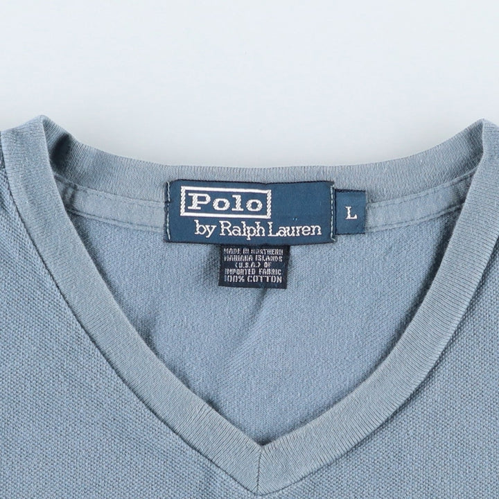Ralph Lauren POLO by Ralph Lauren pique V-neck short-sleeved T-shirt with a single logo, men's size L equivalent. cotton blue type Vintage Second Hand