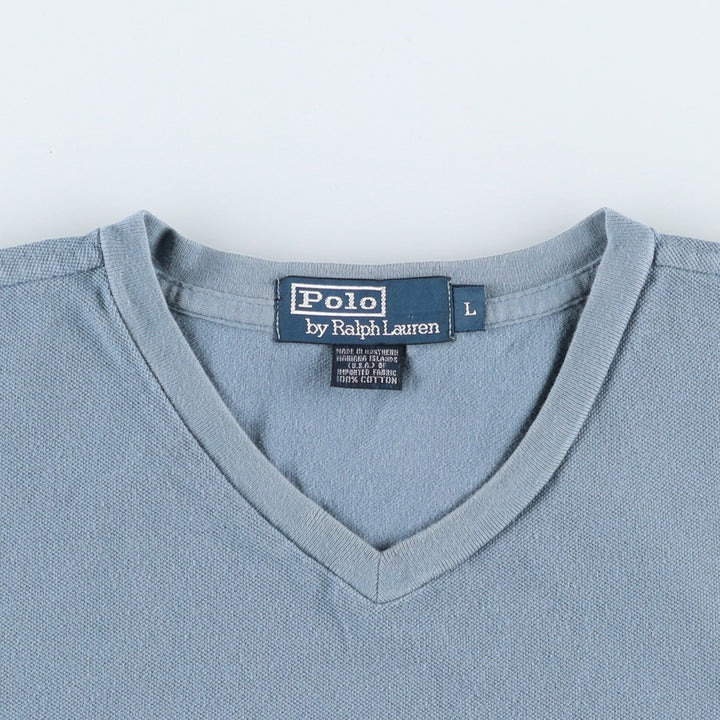 Ralph Lauren POLO by Ralph Lauren pique V-neck short-sleeved T-shirt with a single logo, men's size L equivalent. cotton blue type Vintage Second Hand