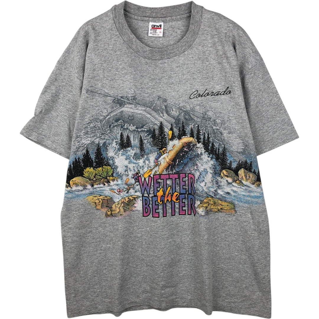 90'S Anvil Printed T-shirt, Made in USA, Men's L size, Vintage cotton gray type Vintage Second Hand