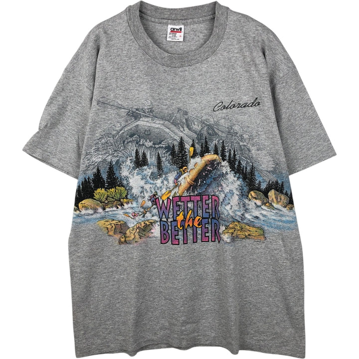 90'S Anvil Printed T-shirt, Made in USA, Men's L size, Vintage cotton gray type Vintage Second Hand