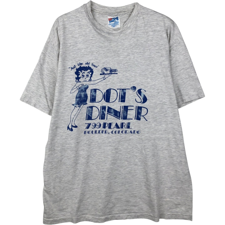 90'S Hanes BEEFY-T parody print T-shirt, made in USA, men's size L equivalent. cotton navy blue type Vintage Second Hand