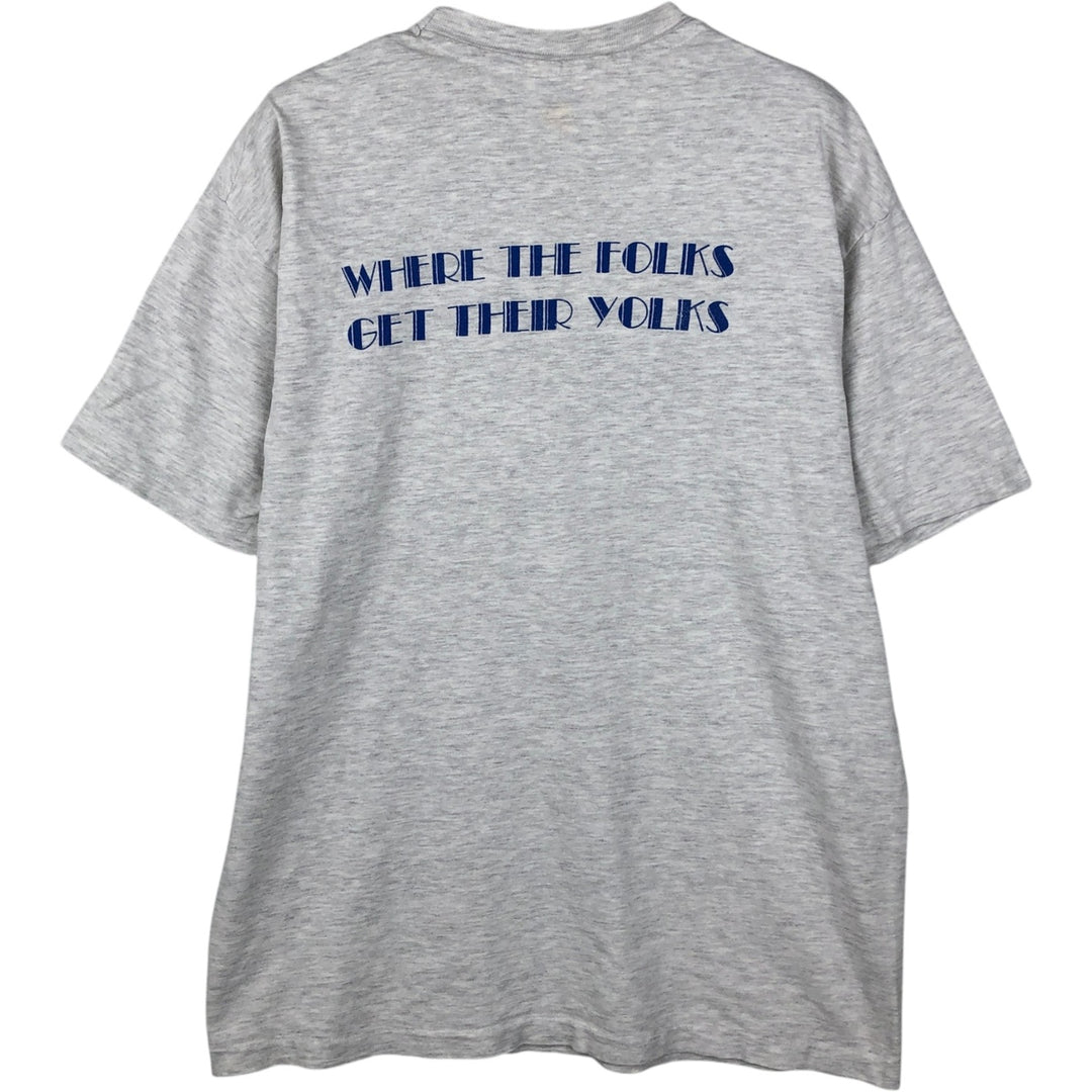 90'S Hanes BEEFY-T parody print T-shirt, made in USA, men's size L equivalent. cotton navy blue type Vintage Second Hand