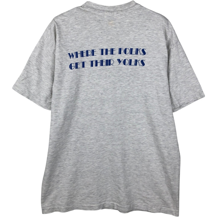 90'S Hanes BEEFY-T parody print T-shirt, made in USA, men's size L equivalent. cotton navy blue type Vintage Second Hand