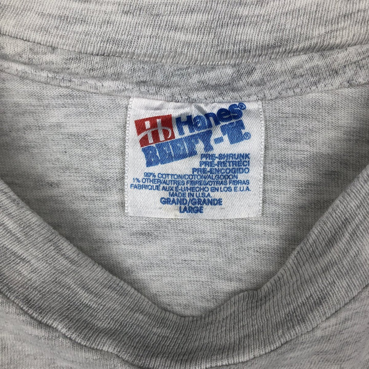 90'S Hanes BEEFY-T parody print T-shirt, made in USA, men's size L equivalent. cotton navy blue type Vintage Second Hand