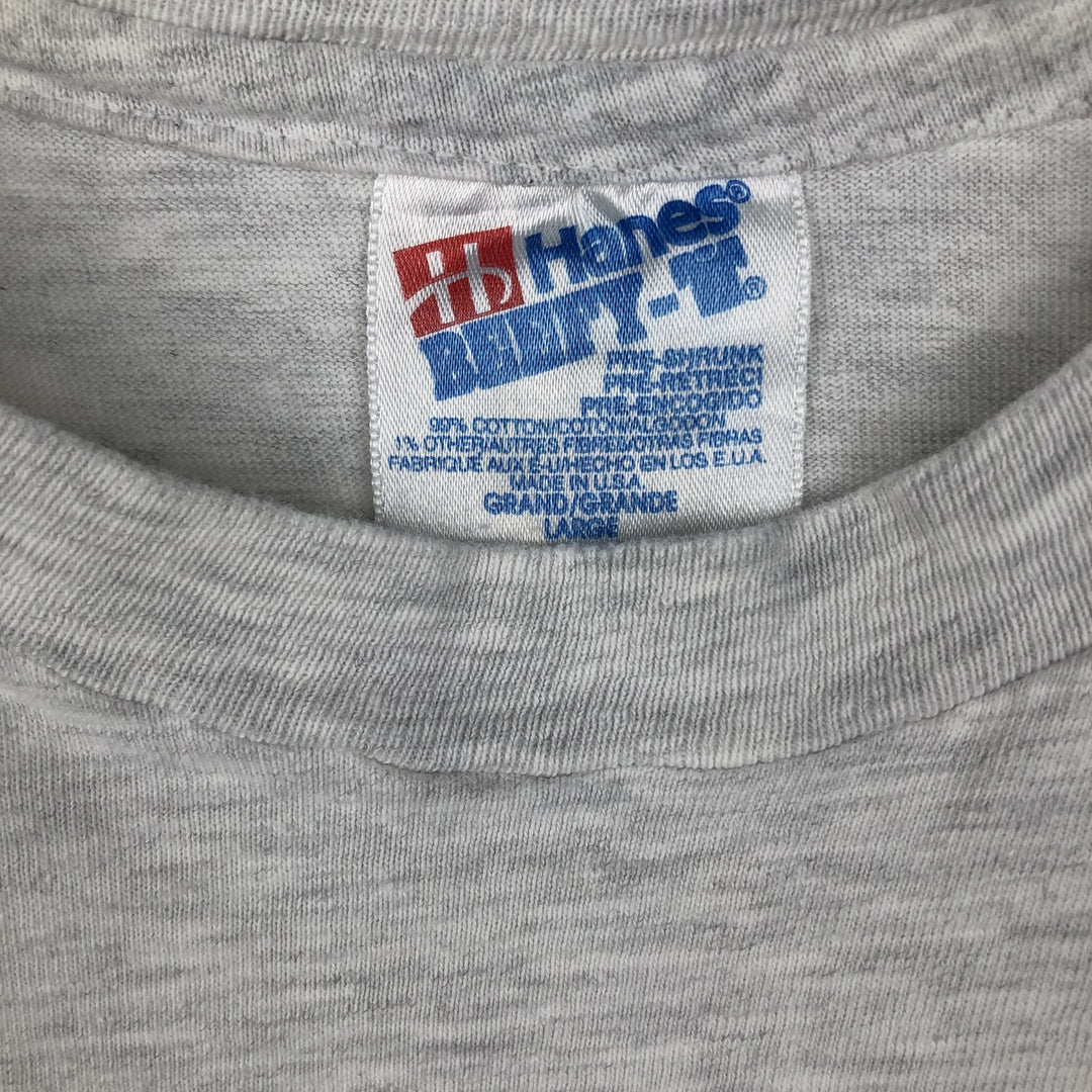 90'S Hanes BEEFY-T parody print T-shirt, made in USA, men's size L equivalent. cotton navy blue type Vintage Second Hand