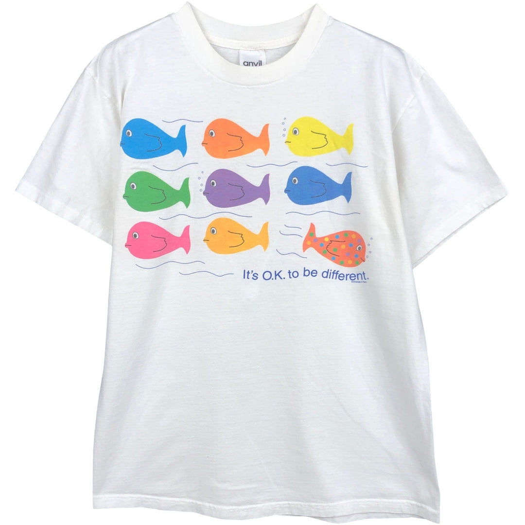 90'S Anvil fish print t-shirt, men's size M equivalent, vintage. cotton white type Vintage Second Hand