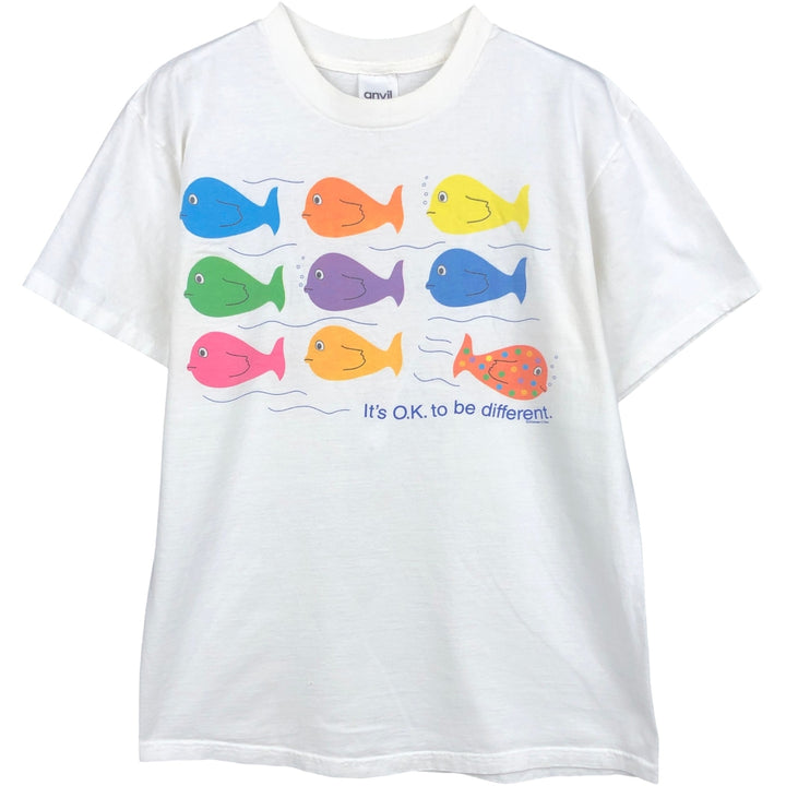 90'S Anvil fish print t-shirt, men's size M equivalent, vintage. cotton white type Vintage Second Hand