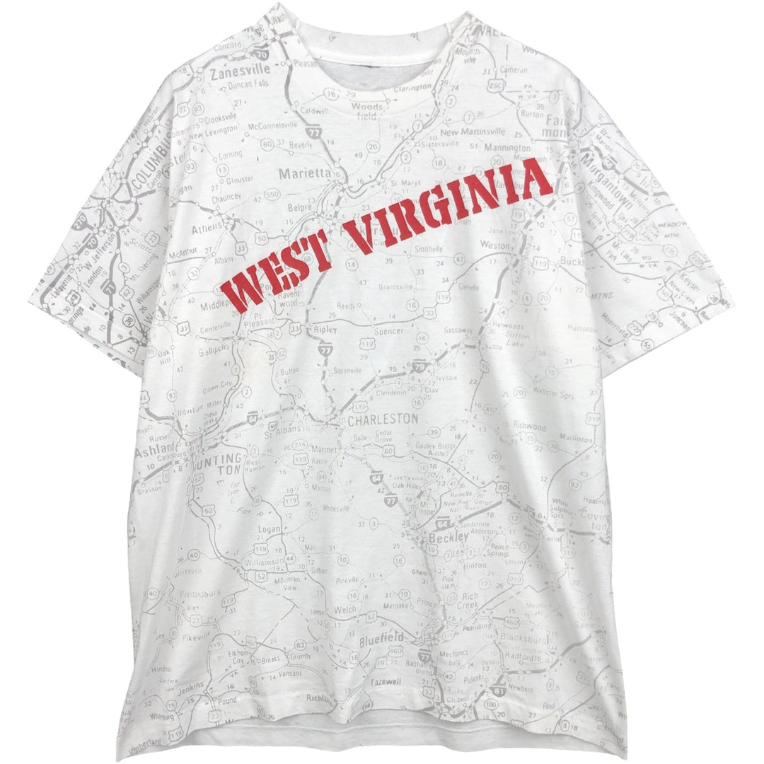 All-over print T-shirt, men's size L (approx.) unclear white type Vintage Second Hand