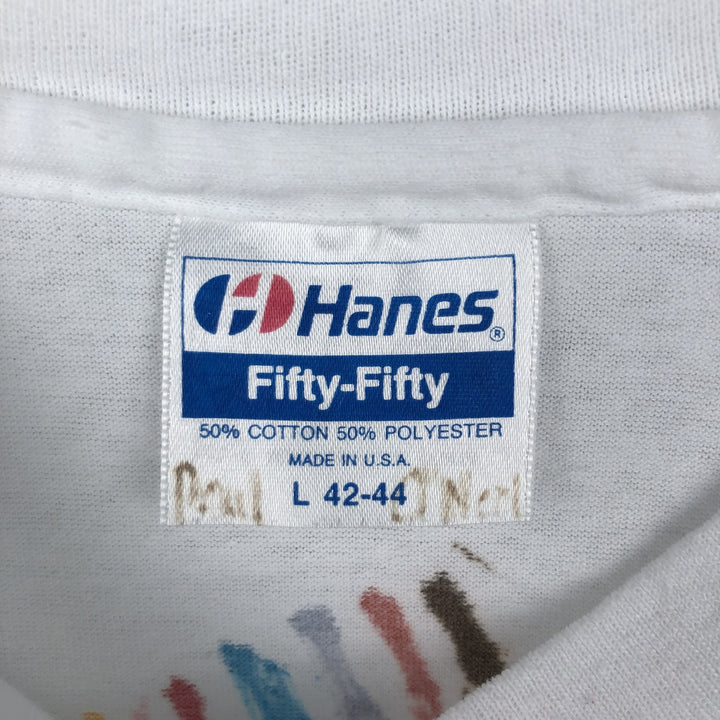 80'S Hanes Fifty-Fifty Blue Tag Printed T-Shirt Made in USA Men's L Size Vintage cotton white type Vintage Second Hand