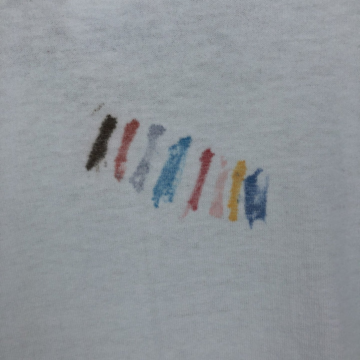 80'S Hanes Fifty-Fifty Blue Tag Printed T-Shirt Made in USA Men's L Size Vintage cotton white type Vintage Second Hand