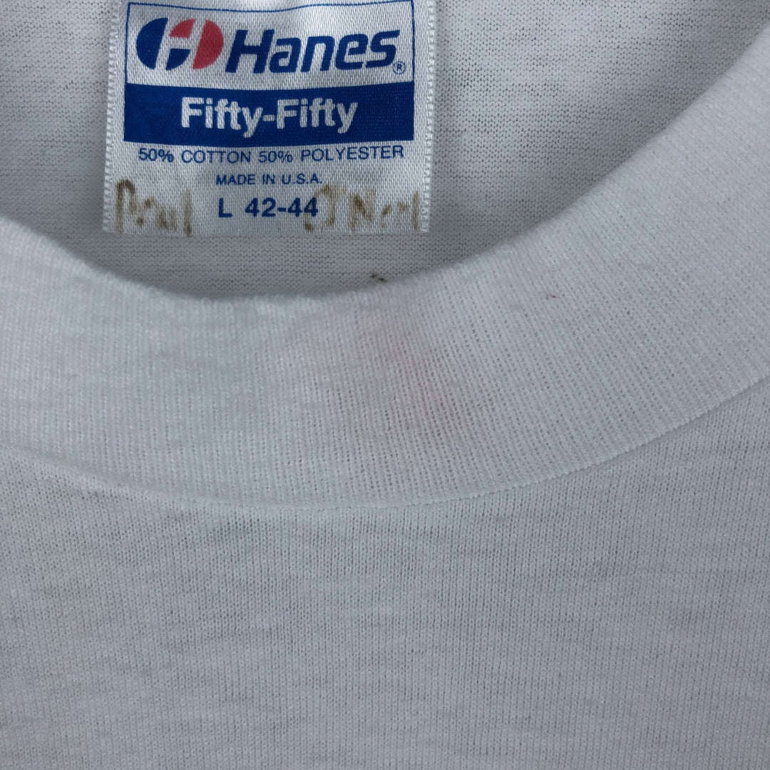 80'S Hanes Fifty-Fifty Blue Tag Printed T-Shirt Made in USA Men's L Size Vintage cotton white type Vintage Second Hand