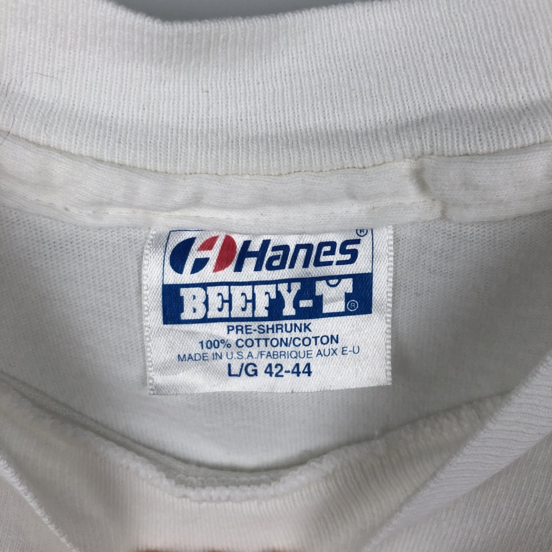 90'S Hanes BEEFY-T Printed T-shirt, Made in USA, Men's L size, Vintage cotton white type Vintage Second Hand