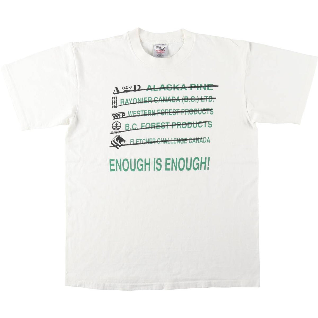 ~90'S ONEITA POWER-T Message Print T-Shirt, Made in USA, Men's XL equivalent, Vintage cotton white type Vintage Second Hand