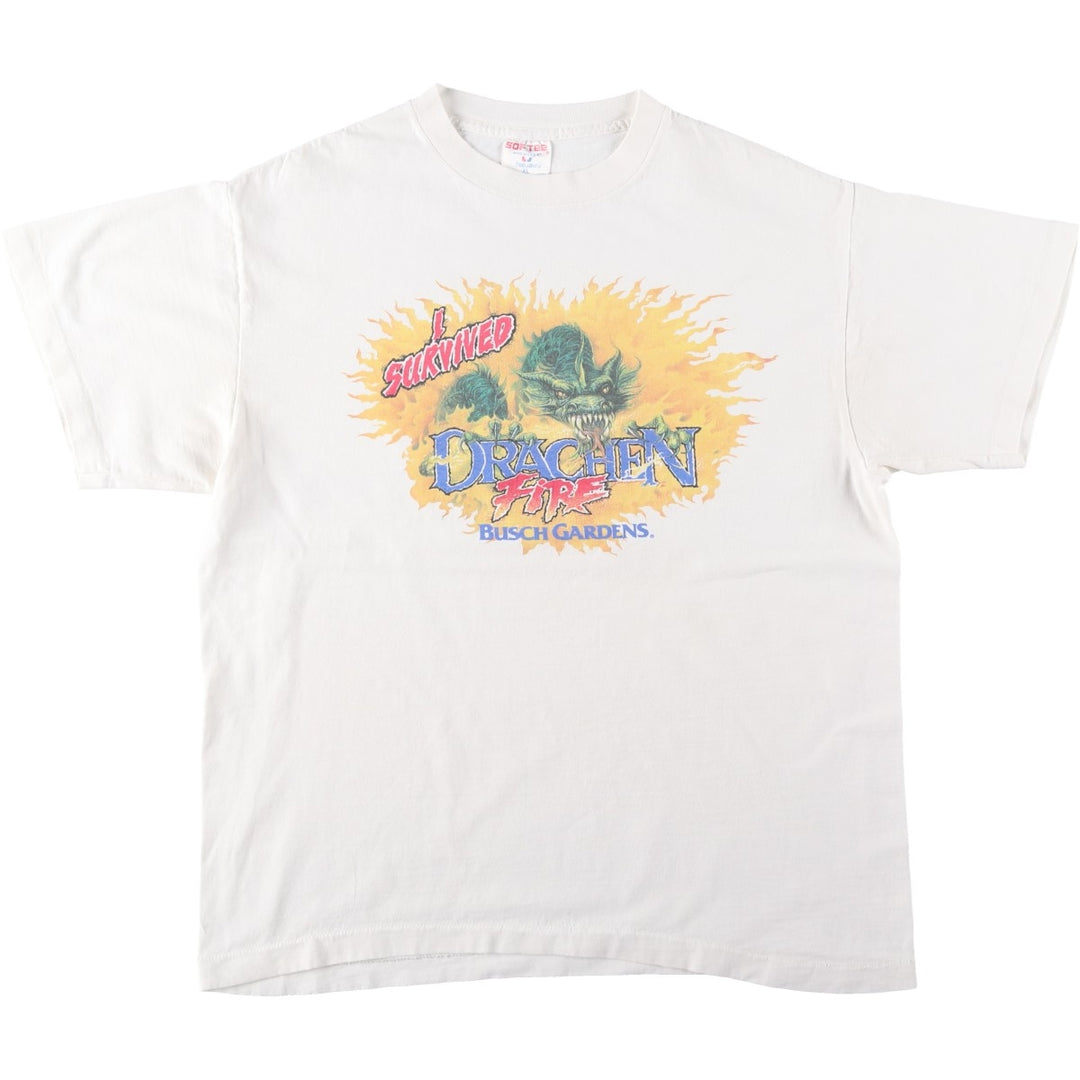 90'S SOF TEE Dragon Pattern Print T-Shirt, Made in USA, Men's XL equivalent, Vintage cotton white type Vintage Second Hand