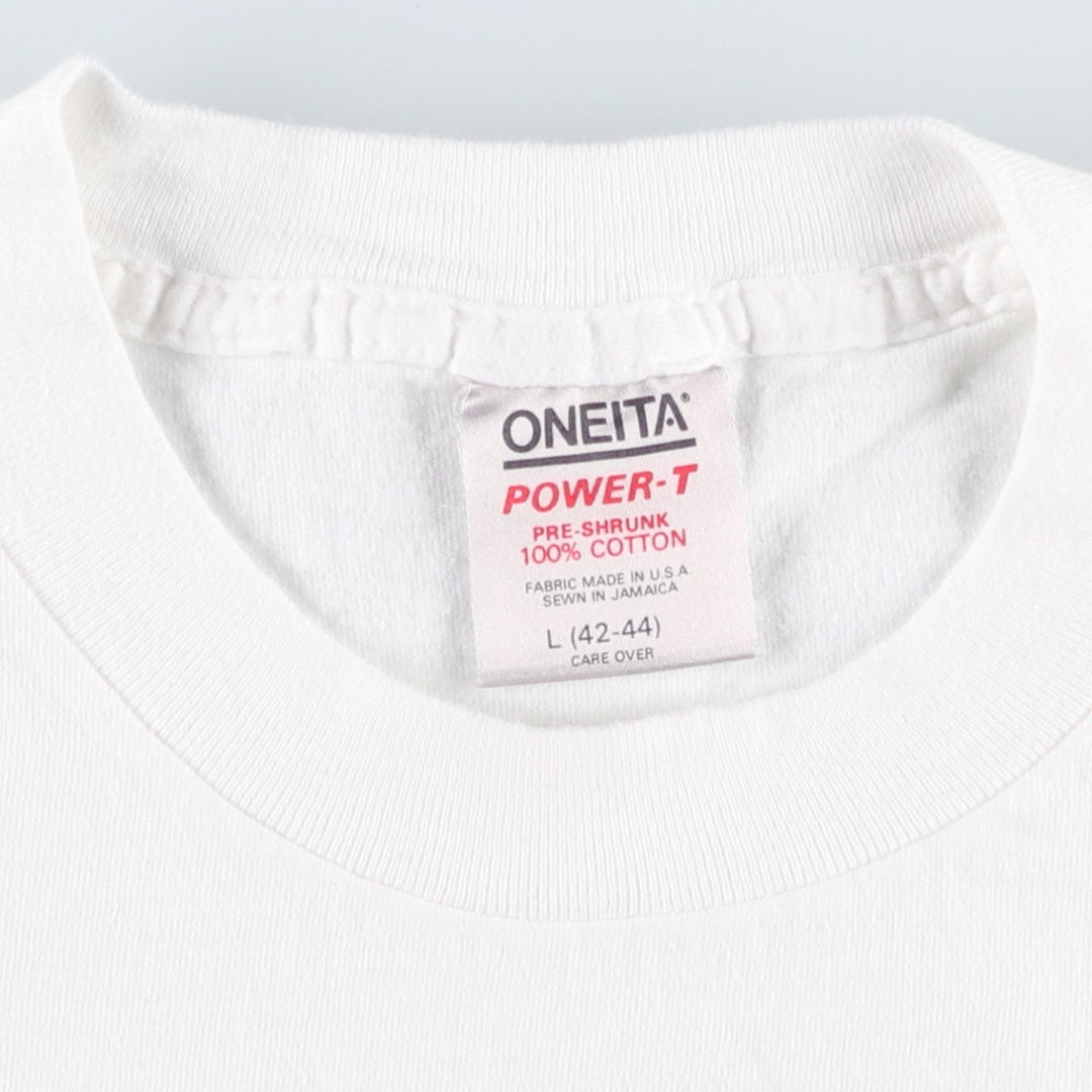 90'S ONEITA Printed T-shirt Made in USA Men's L size Vintage cotton white type Vintage Second Hand