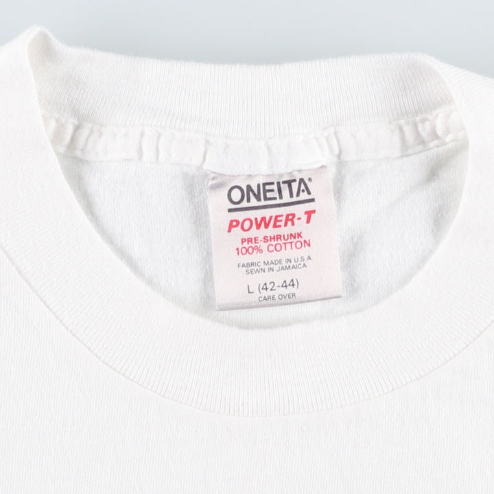 90'S ONEITA Printed T-shirt Made in USA Men's L size Vintage cotton white type Vintage Second Hand