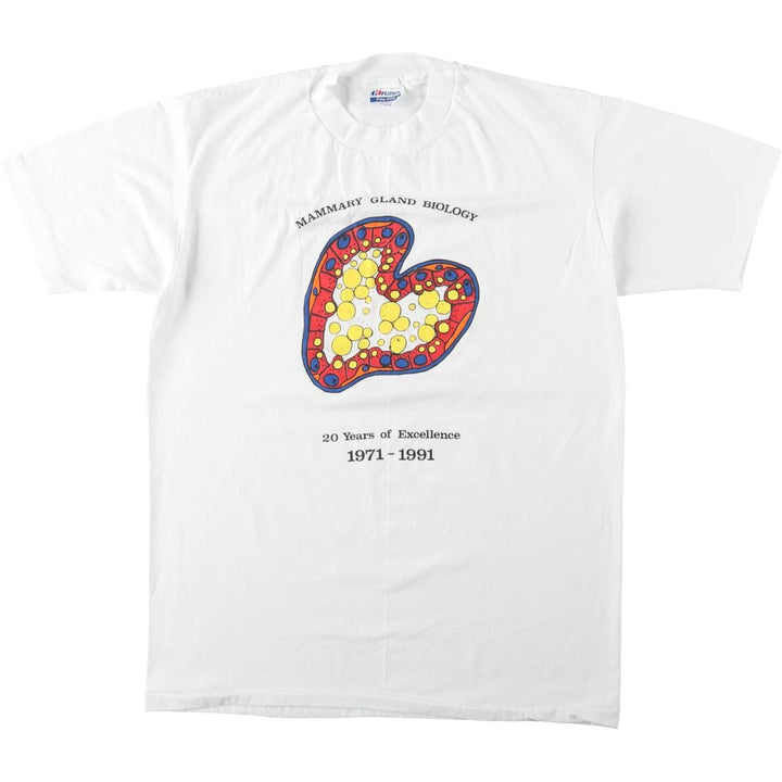 80'S Hanes Fifty-Fifty Blue Tag Printed T-Shirt Made in USA Men's L Size Vintage cotton white type Vintage Second Hand