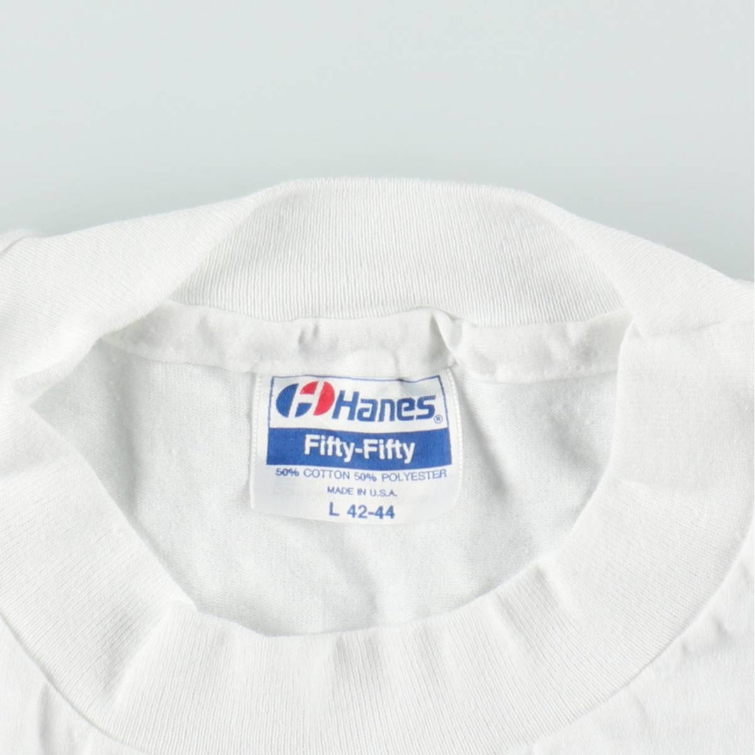 80'S Hanes Fifty-Fifty Blue Tag Printed T-Shirt Made in USA Men's L Size Vintage cotton white type Vintage Second Hand