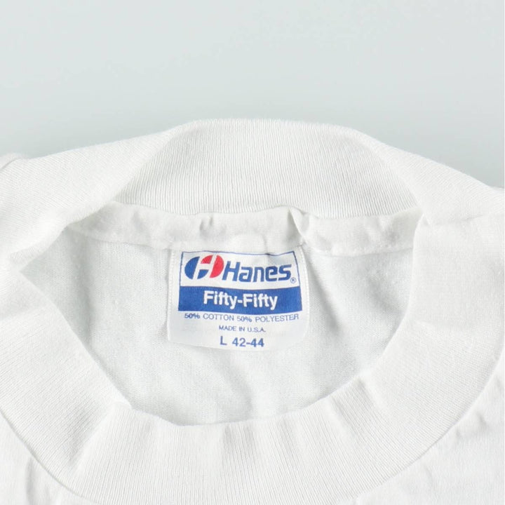 80'S Hanes Fifty-Fifty Blue Tag Printed T-Shirt Made in USA Men's L Size Vintage cotton white type Vintage Second Hand