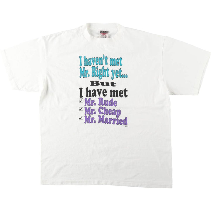 90'S ONEITA Printed T-shirt, Men's XL size, Vintage cotton white type Vintage Second Hand