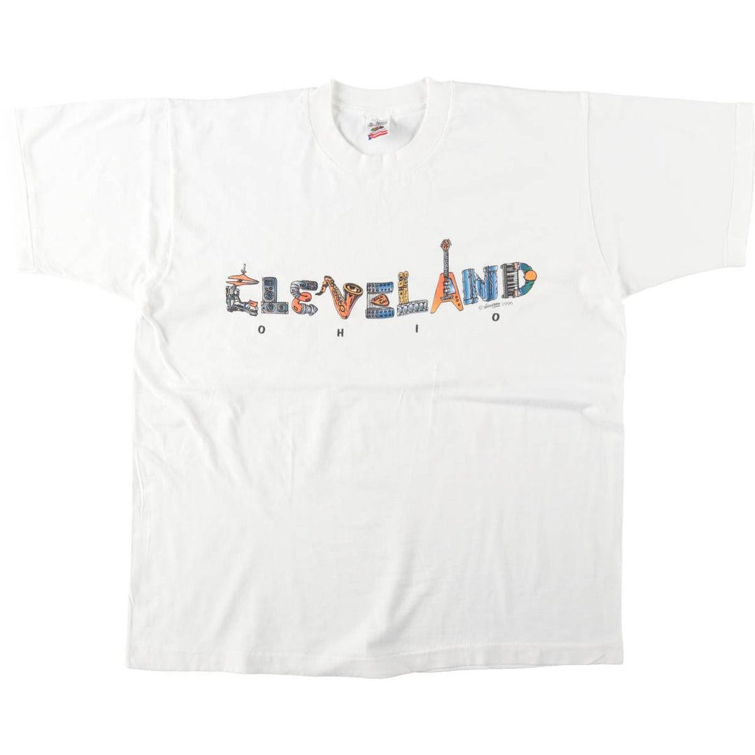 90'S Fruit of the Loom Cleveland Ohio Print T-Shirt, Men's XL (approx.), Vintage cotton white type Vintage Second Hand