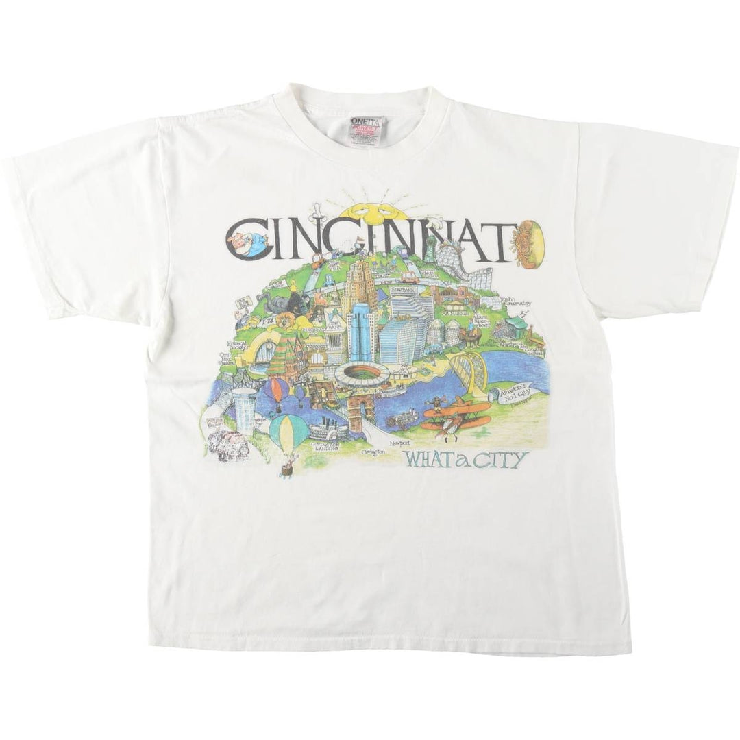 90'S ONEITA POWER-T Print T-Shirt, Men's Size L (equivalent), Crew Neck cotton white type Vintage Second Hand