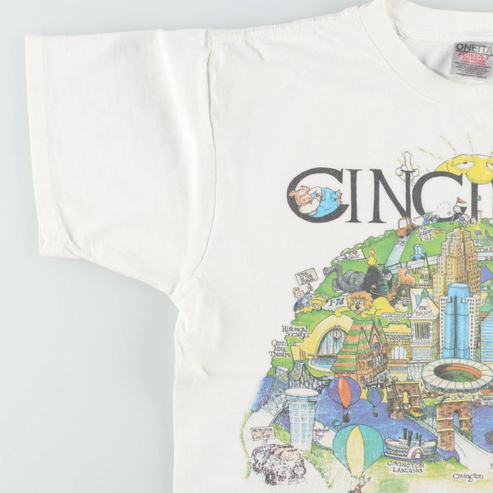 90'S ONEITA POWER-T Print T-Shirt, Men's Size L (equivalent), Crew Neck cotton white type Vintage Second Hand
