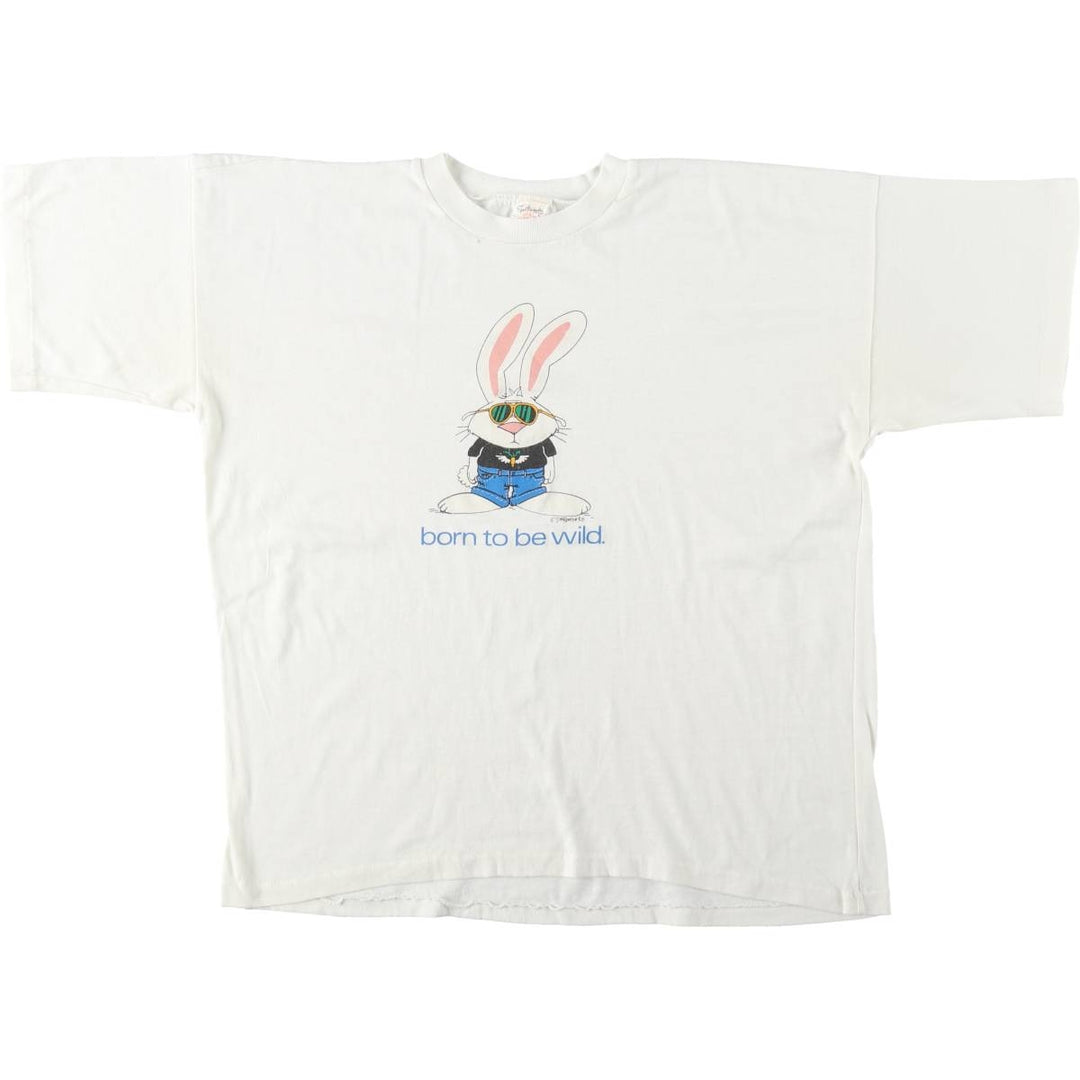 90'S Sportsweats Rabbit Pattern Print T-Shirt, Made in Canada, Men's Size L (approx.), Crew Neck (Round Neck), Vintage cotton white type Vintage Second Hand