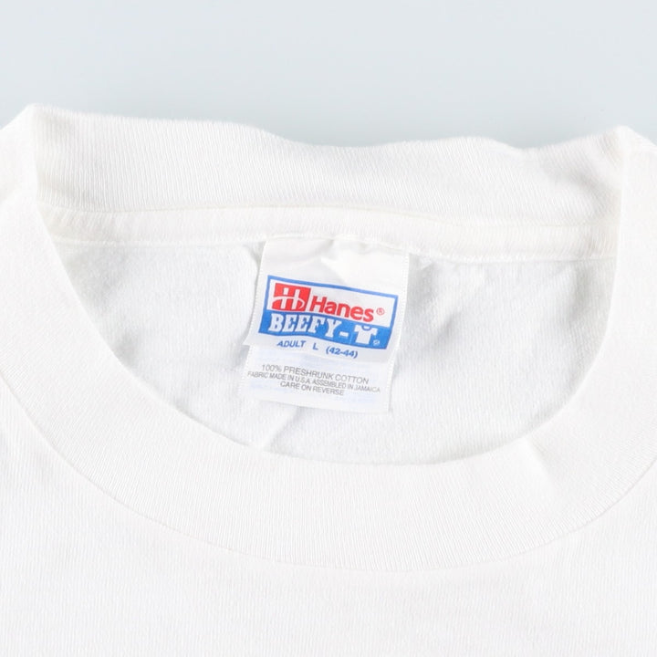 90'S Hanes BEEFY-T Blue Tag Message Print T-Shirt, Made in USA, Men's Size L (Equivalent), Vintage cotton white type Vintage Second Hand