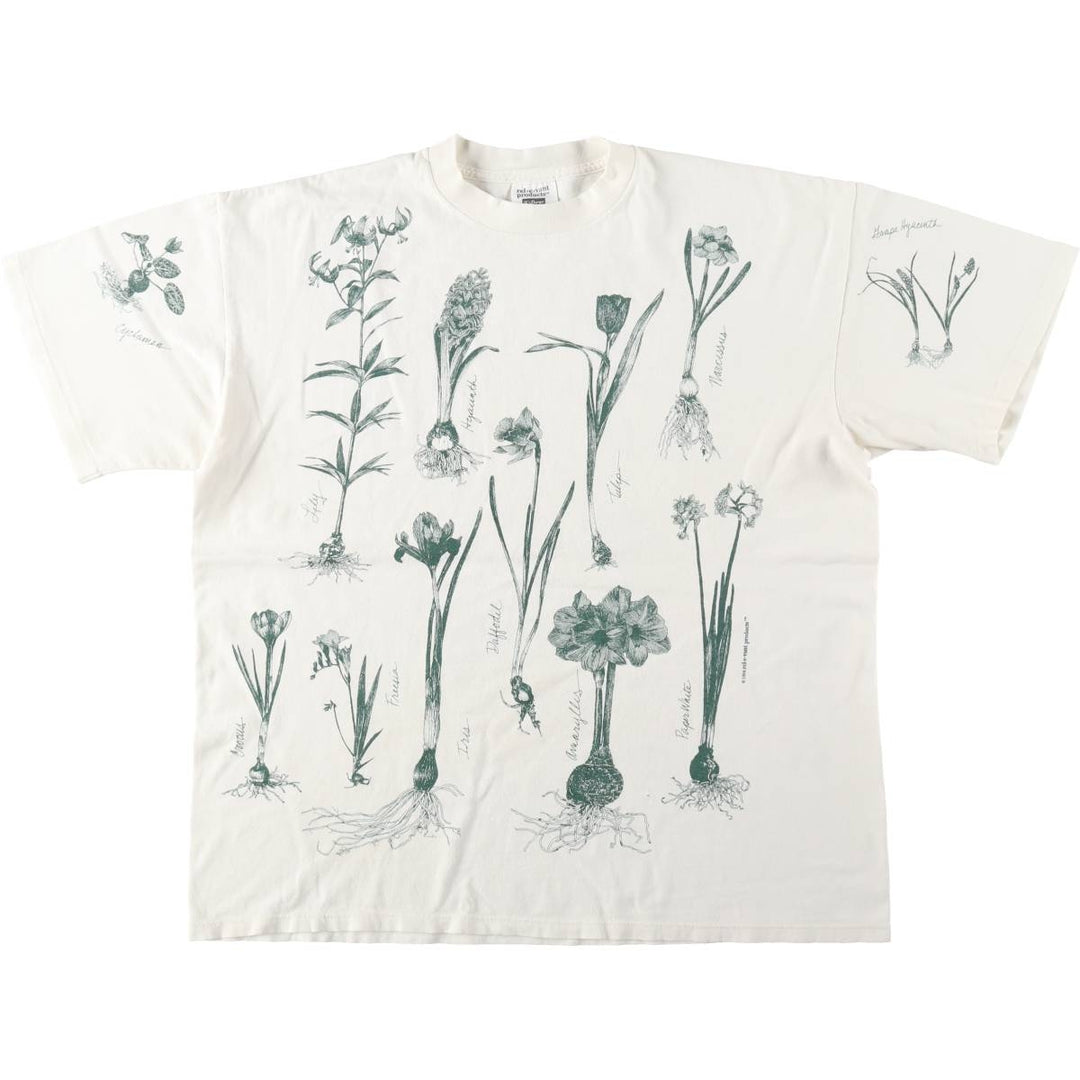 90'S Rel e vant products Botanical Pattern Print T-Shirt, Made in USA, Men's XL equivalent, Vintage cotton ivory Vintage Second Hand