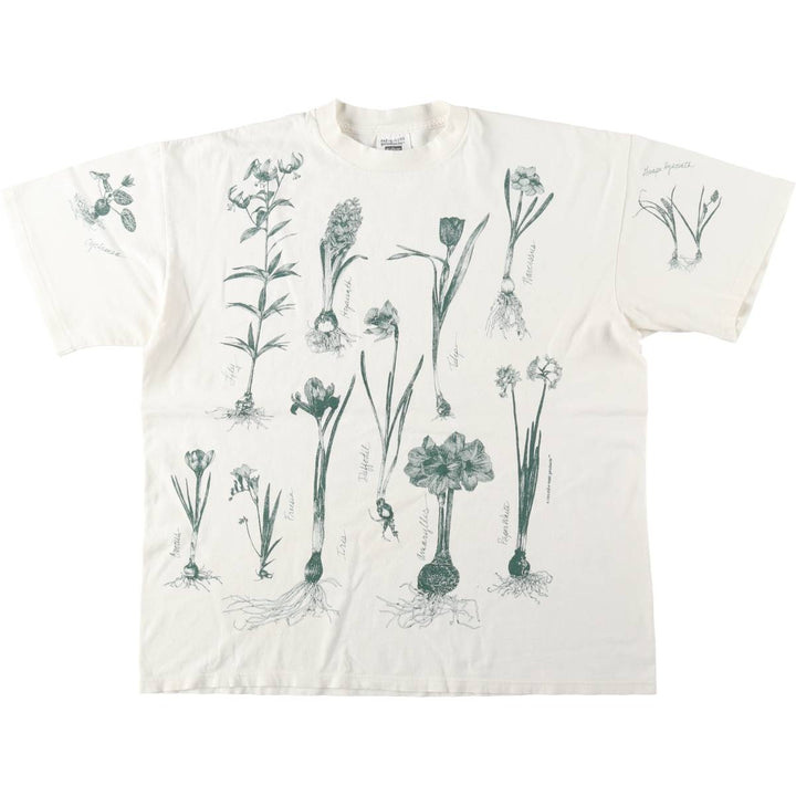 90'S Rel e vant products Botanical Pattern Print T-Shirt, Made in USA, Men's XL equivalent, Vintage cotton ivory Vintage Second Hand